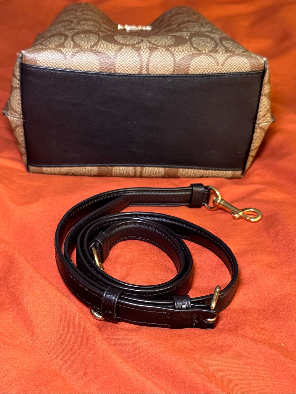 Coach Brown Signature Canvas Shoulder Bag with Black Handle and Trim - Picture 5 of 8